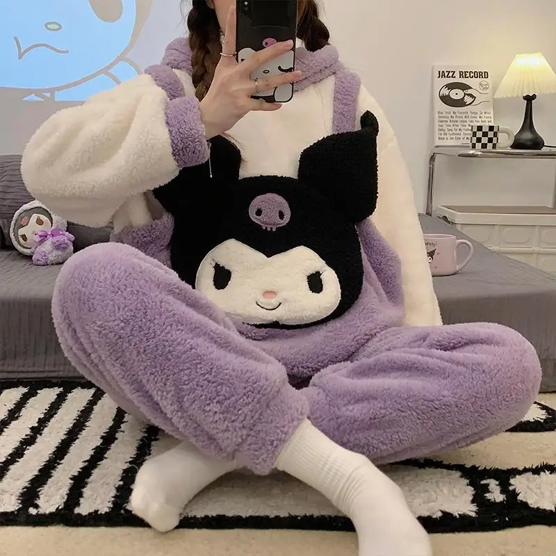 New Kuromi Coral Velvet Pajamas Women Autumn Winter Flannel Thickened Two Piece Warm Household Clothes Can Be Worn Externally