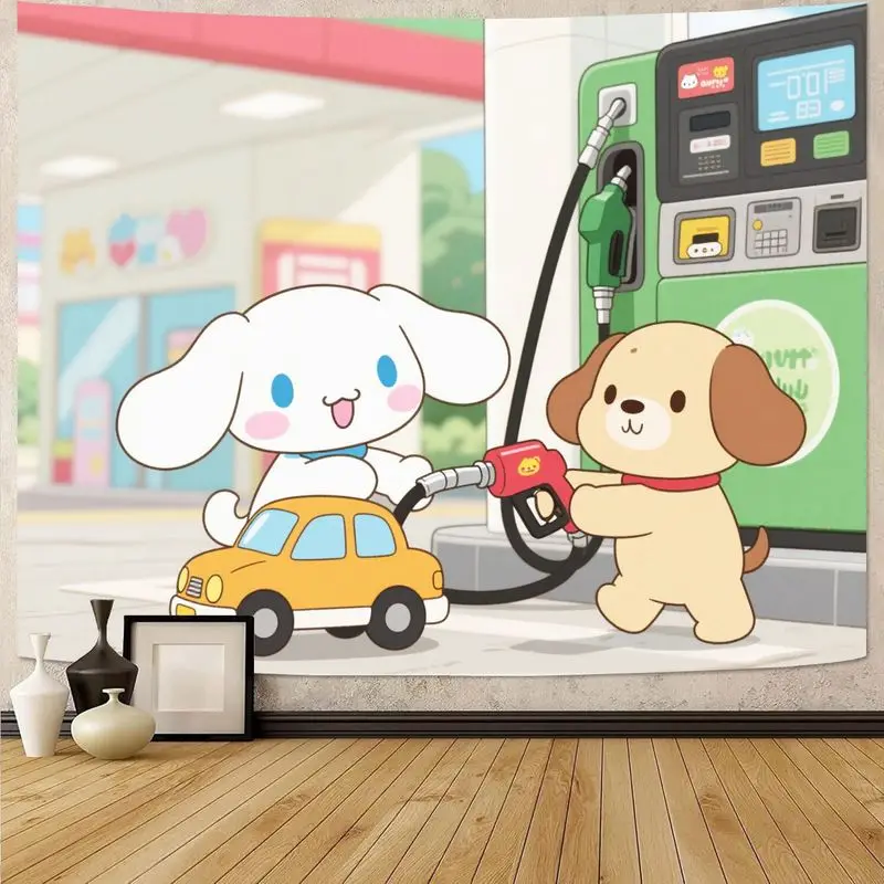 

1PC Sanrio Cinnamoroll & Puppy Fueling Car Kawaii Tapestry. Modern Polyester Gas Station Wall Art Girls Bedroom Dorm Decor Gift.