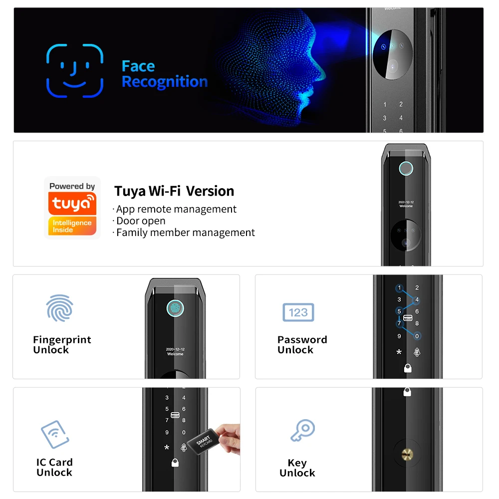 Full Automatic 3D Face Recognition Tuya Wifi App Smart Lock Camera Key Biometric Fingerprint RFID Card Digital Password