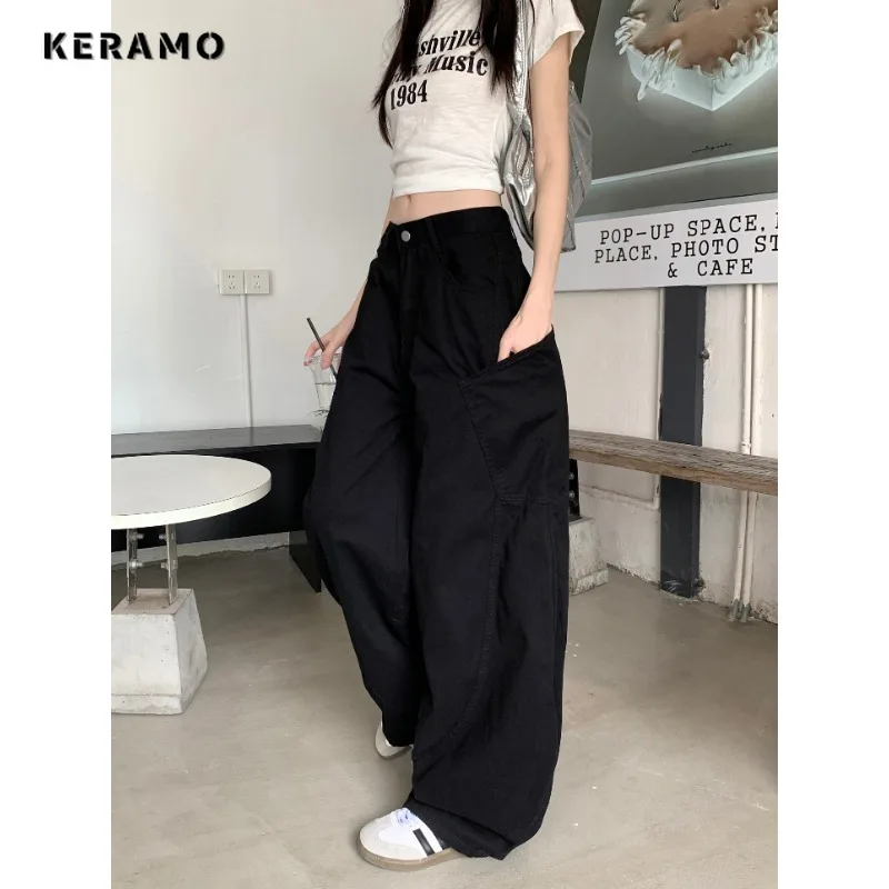 

Women's Casual Trashy Mop Denim Trouser Y2K Eclectic Grunge 2000s Street Retro High Waist Jeans Vintage Solid Color Emo Pants