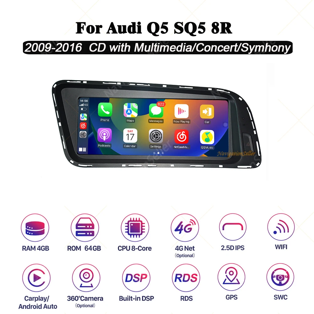 8.8 inch for Audi Q5 Touch Screen Symphony Concert Multimedia 2009-2016 Bluetooth Android Auto Wireless CarPlay Car Radio Gps