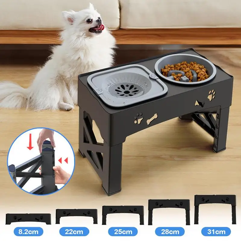 

Raised Slow Feeder Anti-Slip Food And Water Bowl Height Adjustable Anti-Spill Waterer Food Dispenser For Small Medium Animal Cat