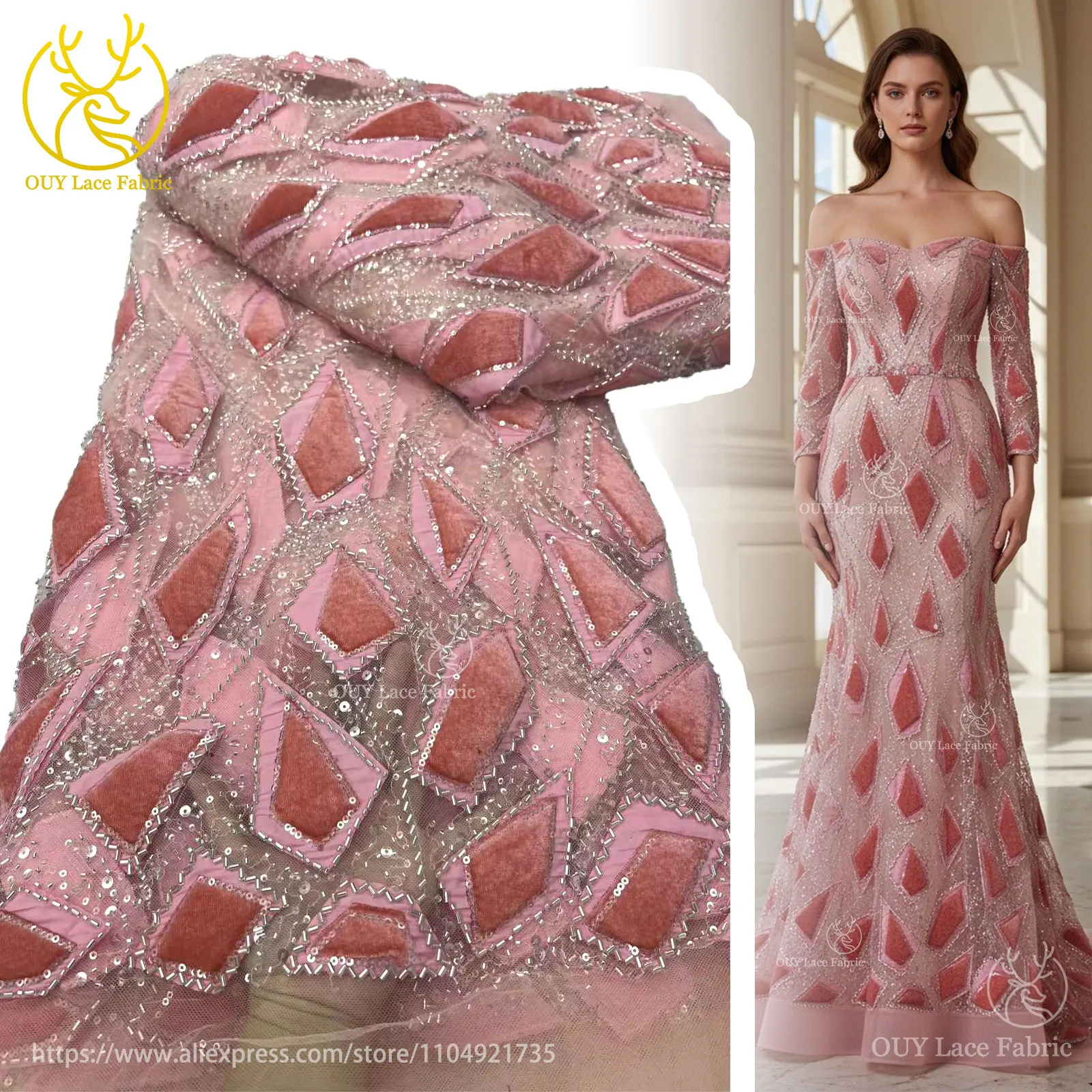 Latest French Velvet Beaded Lace Fabric 2025 African Sequined Mesh Lace Fabric For Sewing Bridal Gowns And Wedding Dresses