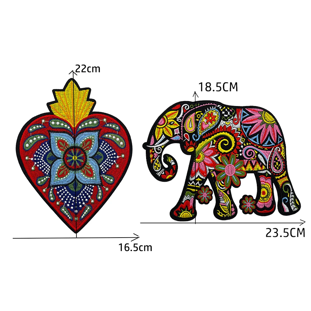 Embroidered Pattern Elephant Patch Iron On Biker Rock Back heart-shaped flowers Embroidered Patches for Backpack Clothing Jacket