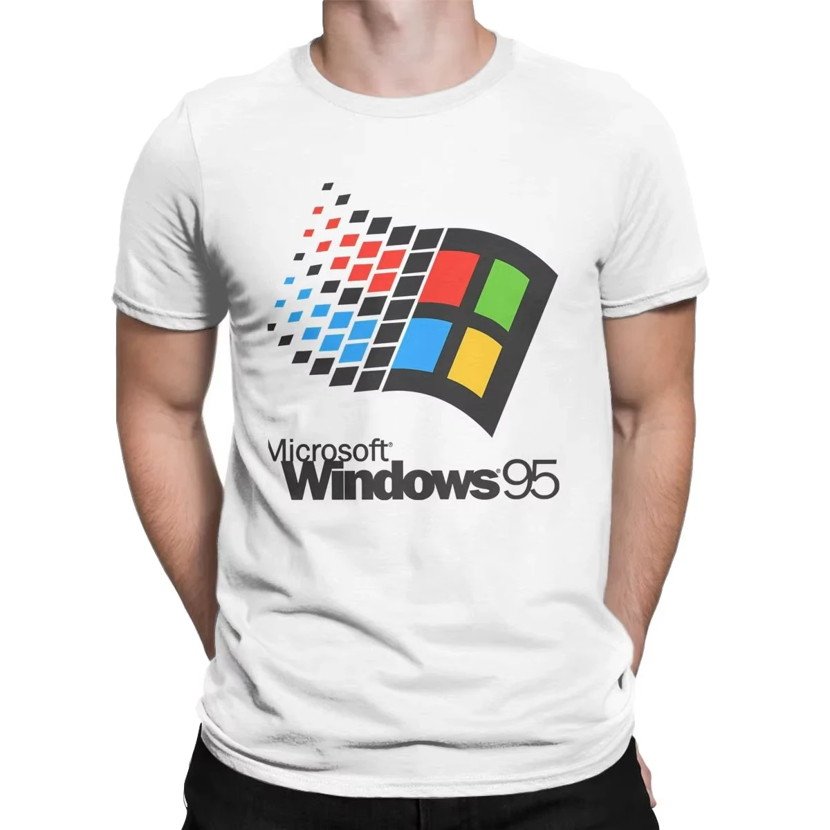 تي شيرت كلاسيكي للرجال والنساء بشعار Microsoft Windows95، تي شيرت بنظام الكمبيوتر، تي شيرت جديد ممتع بأكمام قصيرة ورقبة مستديرة، تي شيرت قطني