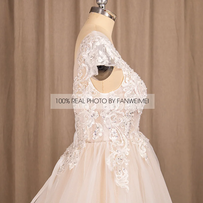 Vestido de novia coreano con cuello redondo, blanco, champán y marfil, línea A, encaje, Espalda descubierta, 7731