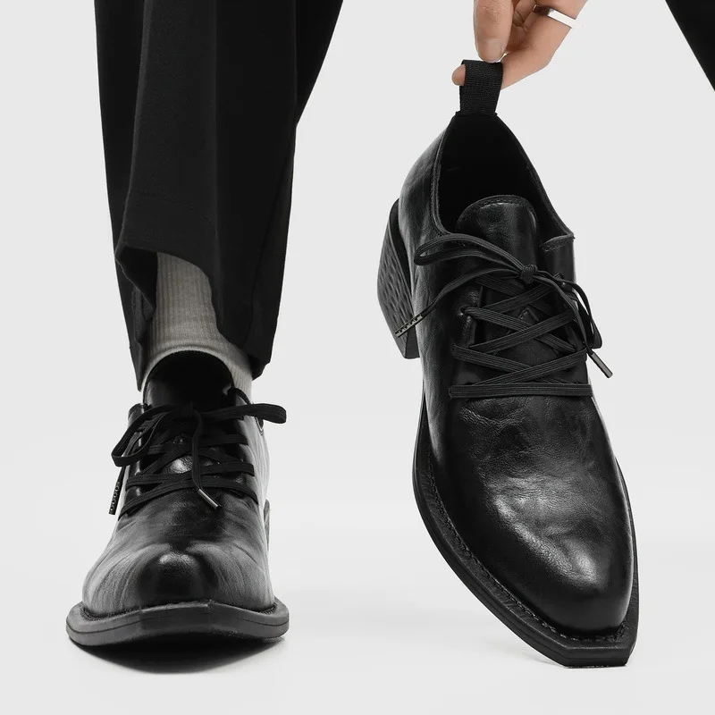 Men's leather shoes 2026 new wizard shoes pointed high heels men's leather shoes niche height increasing and upturned derby shoe
