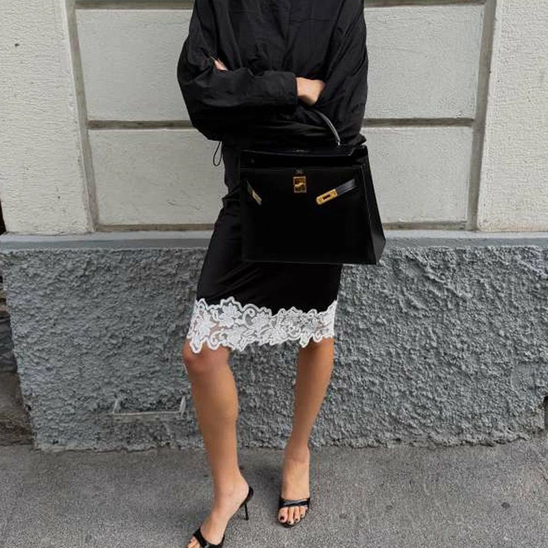 Combhasaki Womens Elegant Chic Sheer Floral Lace Trimmed Patchwork Satin Silky Midi Skirts Zipper High Rise Slim Y2k Underskirts