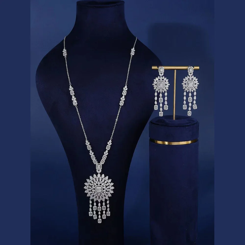 

Fashionable 86cm Cubic Zirconia Luxurious Sweater Chain Necklaces Earrings For Women's Formal Events Wedding Jewelry Sets