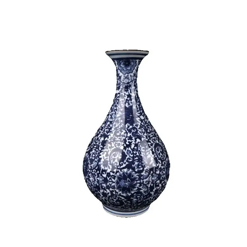 

Chinese Old Porcelain Spring Vase Blue White Lotus Patterned Jade Pot Antique Decorative Flower Basket