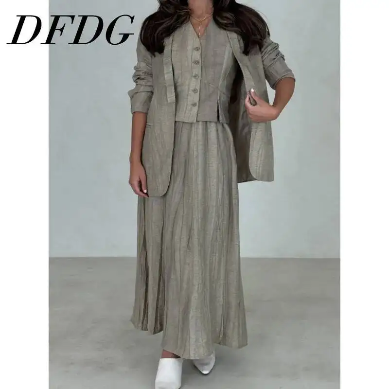 

DFDG 2025 Spring V-Neck Hidden Button Blazer & Waistcoat Wide Leg Pants Set Street Three Piece Suit Stretch Workwear Casual