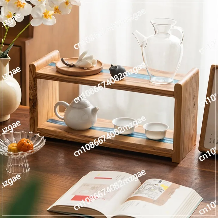 Wooden desktop rack Multi-layer solid wood tea set sundries storage rack Wooden small display rack