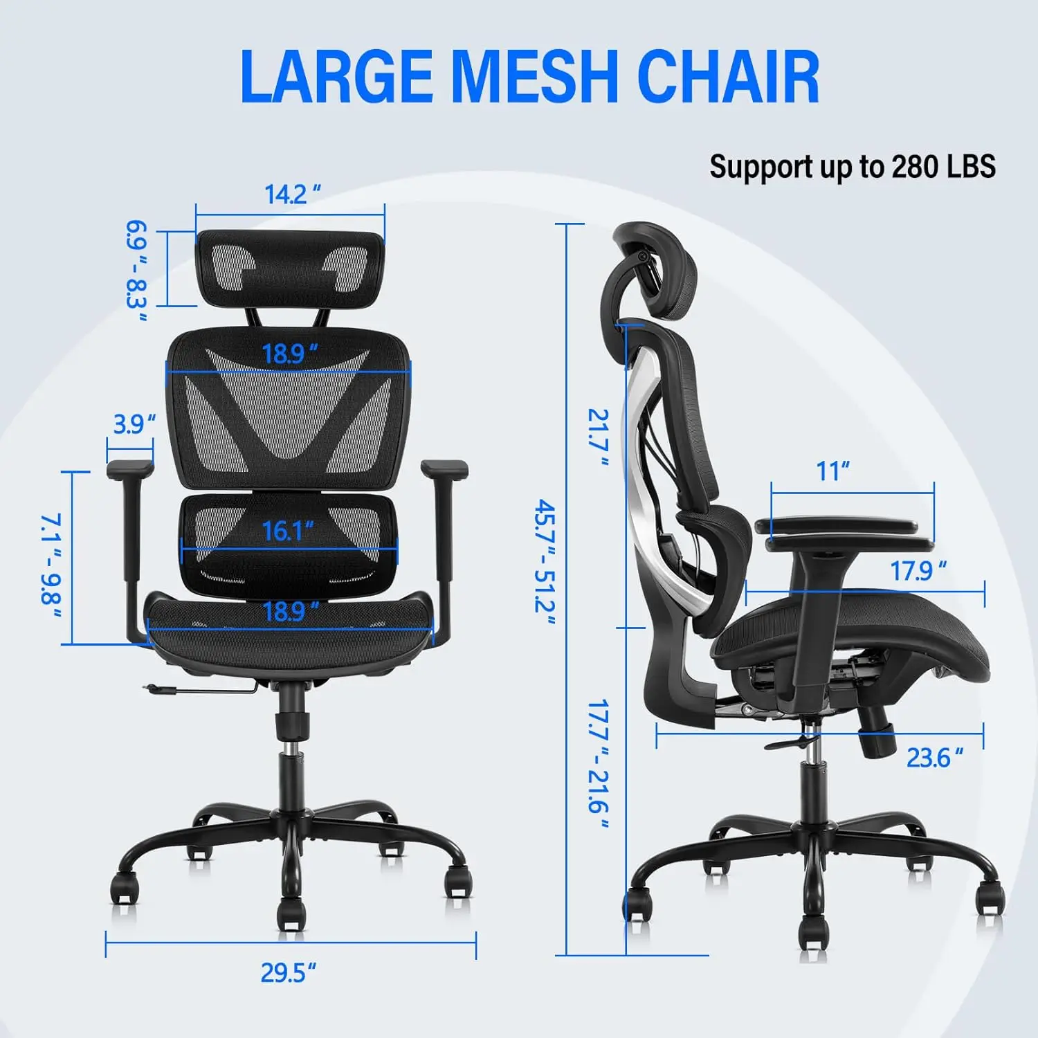 Ergonomic Office chair with Lumbar Support, Big and Tall Mesh Chairs with Adjustable 3D Arms, Headrest & Soft Seat