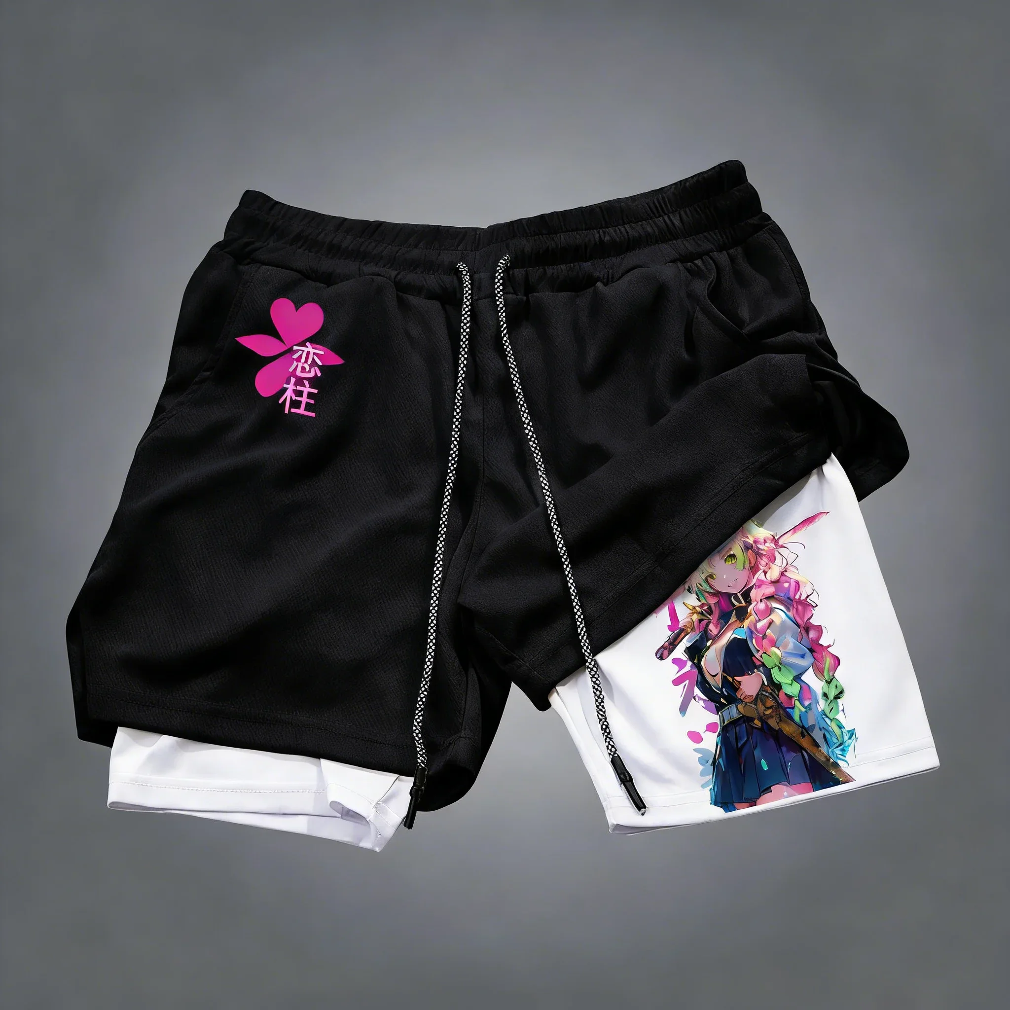 Demon Slayer Anime 2-in-1-Shorts, Sommer, Unisex, neu, Kanroji Mitsuri, bedruckt, Fitness, bequem, dehnbar, doppellagige Shorts