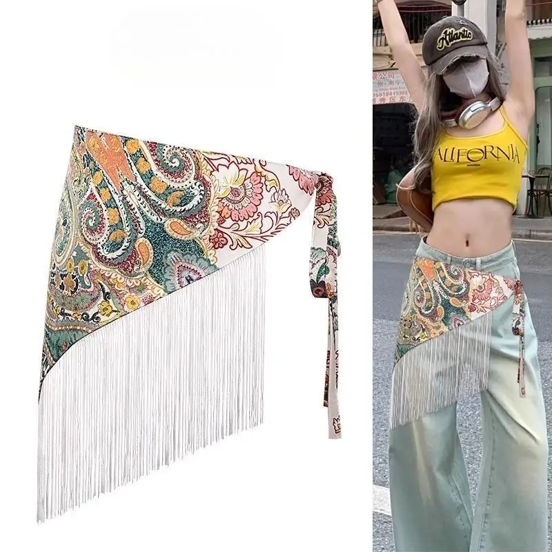 

Chinese Style Ethnic Triangular Waistband Embroidered Printing Jeans Decor Floral Triangular Tassel Retro Style Waist Belt