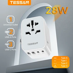 Adattatore da viaggio universale TESSAN con 2 porte USB e 3 tipo C, caricatore da muro all-in-one con spina internazionale per viaggi USA EU UK AUS