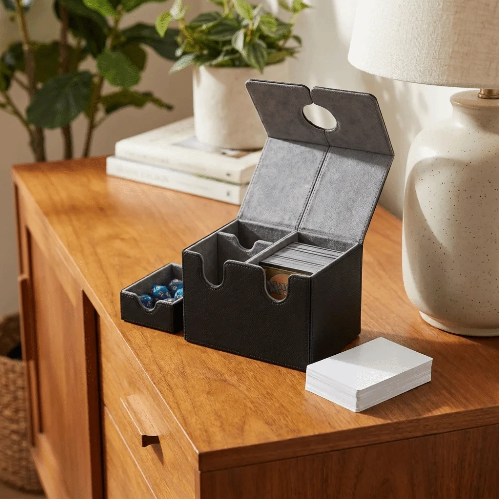 PU Magnet Collectible Card Case Moisture-proof Anti-Slip Card Deck Box Scuff Resistant with Small Tray Card Stacking Storage Box