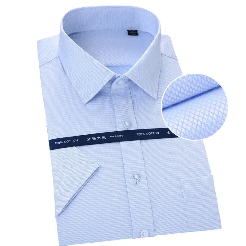 Summer Iron Free Mens Dress Shirt Short Sleeve 100% Cotton Striped Fromal Shirt for Men Business Casual Quality Plus Size S~8XL