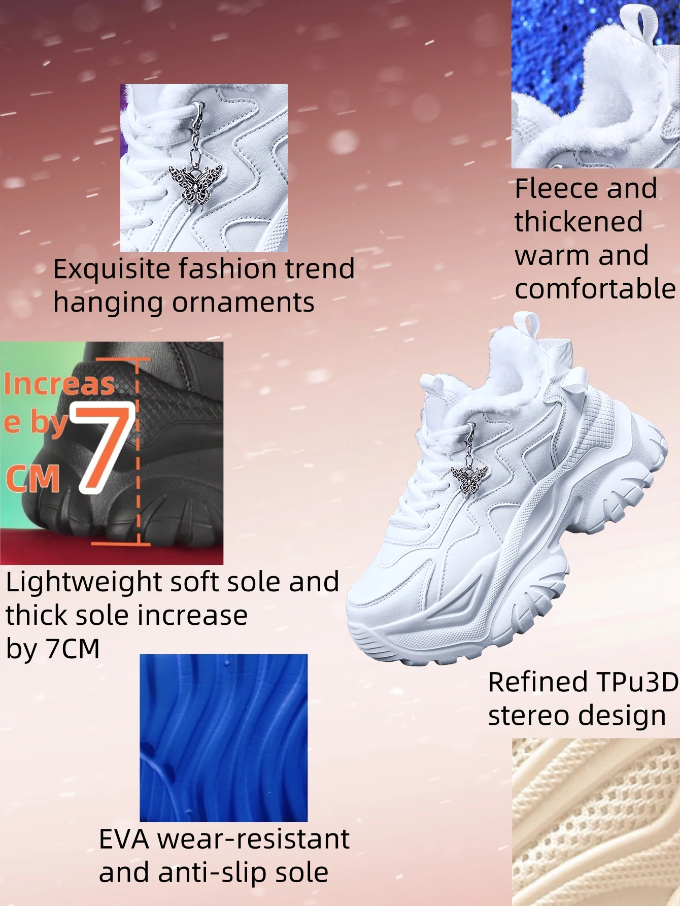 Damen-Winterschuhe für den Außenbereich, modische, vulkanisierte Schuhe, Eva, leicht, mit dicker Sohle, 7 cm Absatzhöhe, lässige Sneaker mit abnehmbarem, silberfarbenem Schmetterlingsanhänger im Punk-Stil, bequeme und warme weiße Schuhe für den täglichen Gebrauch. – Detail 2