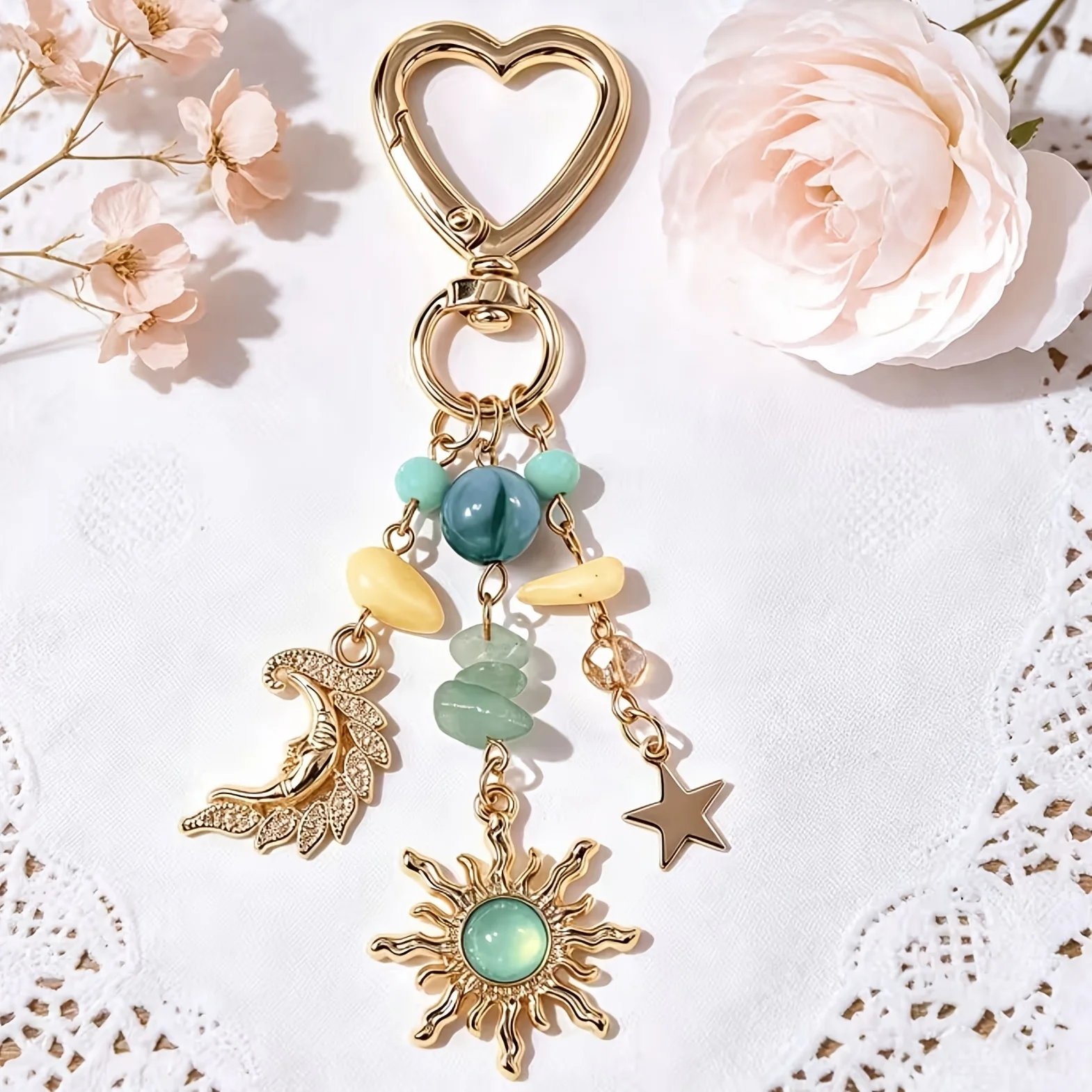 1Pc Boho Sun‑Moon Heart Car Keychain, Sparkly Stone Celestial Pendant, Random Bead, Daily Wear Jewelry Gift