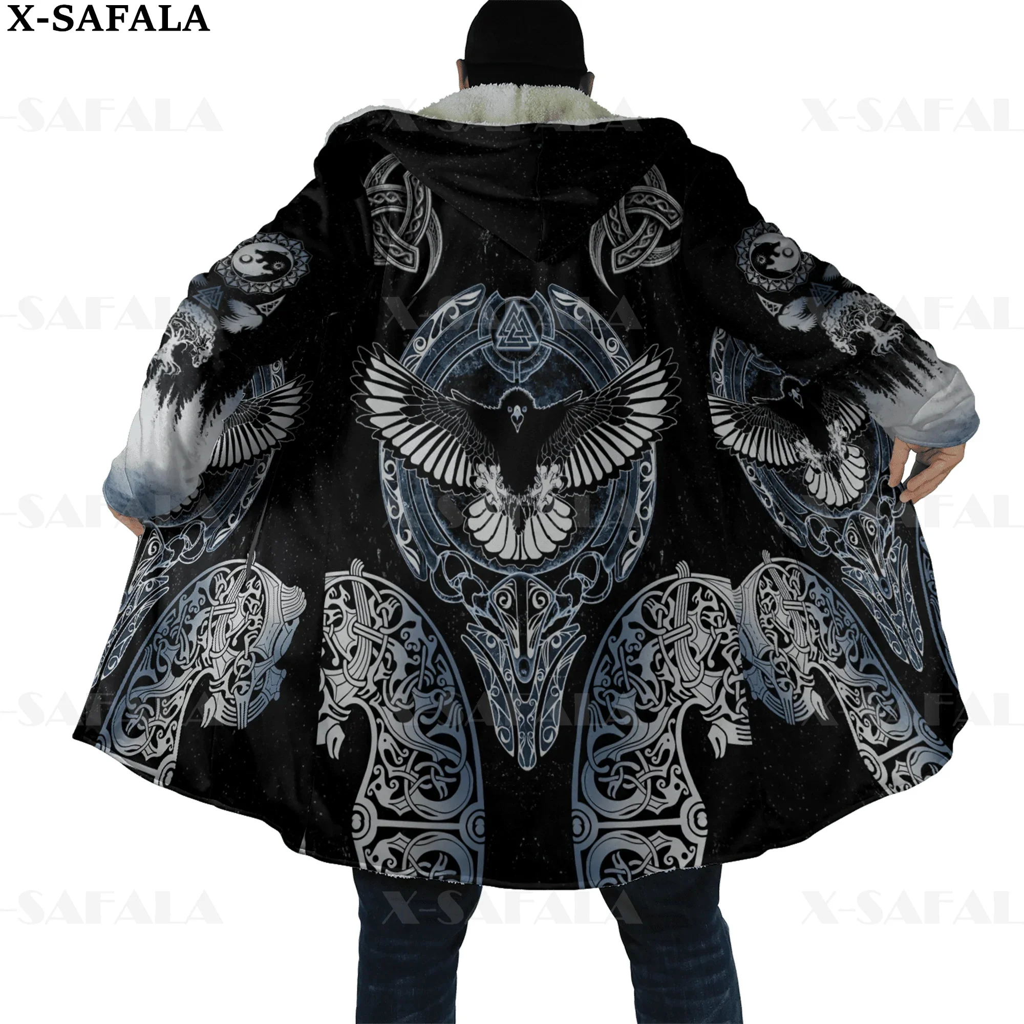 

Odin Viking Tattoo Moon Raven Wolf Dragon Print Thick Warm Hooded Cloak Men Overcoat Coat Windproof Fleece Cape Robe Blanket-2