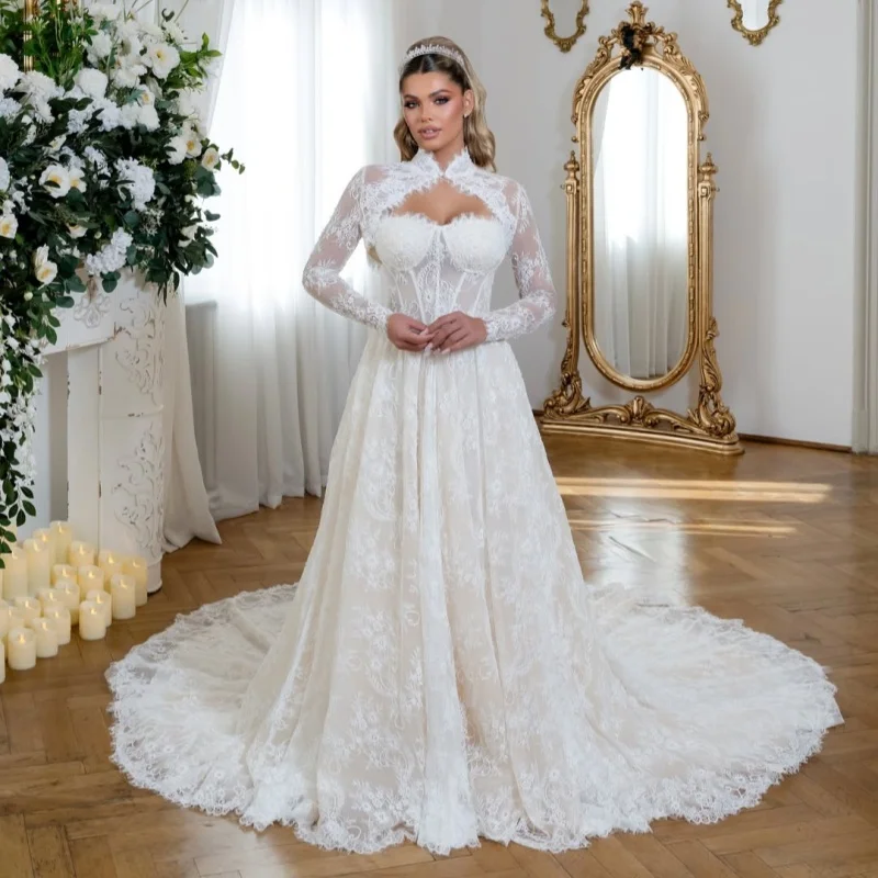 Lace White Appliques Wedding Dresses Crystal Decal Skirt Detachable Long Tail A-line Skirt Made wedding dress Bridal Customize