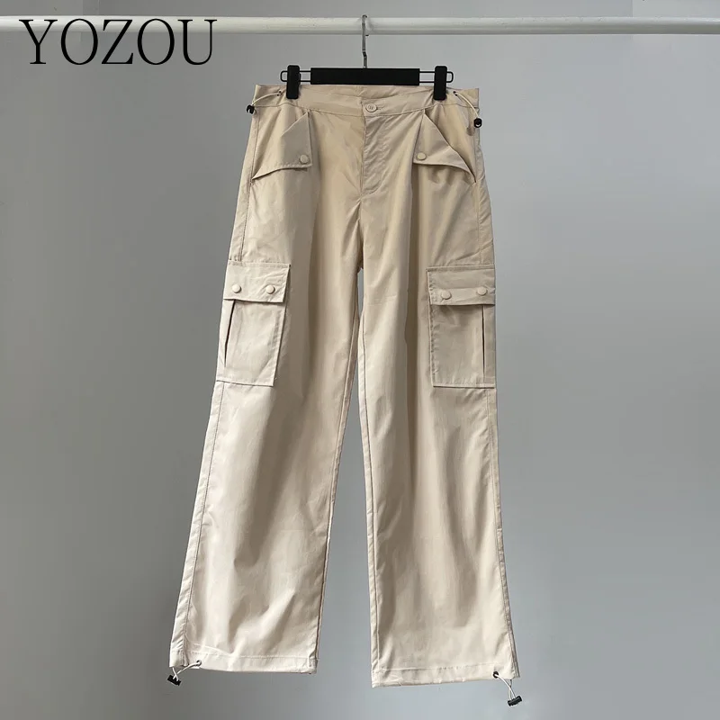 

[YOZOU] Drawstring Gorpcore Y2k Oversize Baggy Parachute Cargo Pants Wide Leg Trousers Women with Pockets Streetwear White Black