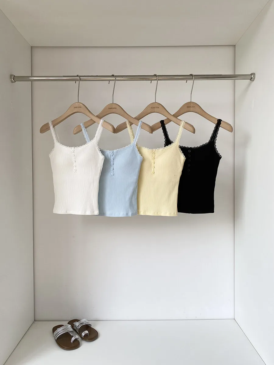 Korean Style Lace Splice Base Tank Top Slimming Women's Fashion Commute Style Short Length Pure Color U-Neck Button Closure