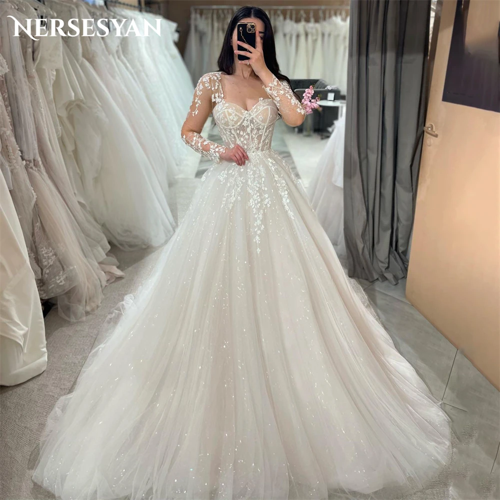 

Nersesyan Vintage Glitter Lace Wedding Dresses Sweetheart Sequins A-Line Appliques Bridal Gowns Princess Sparkly Bride Dress