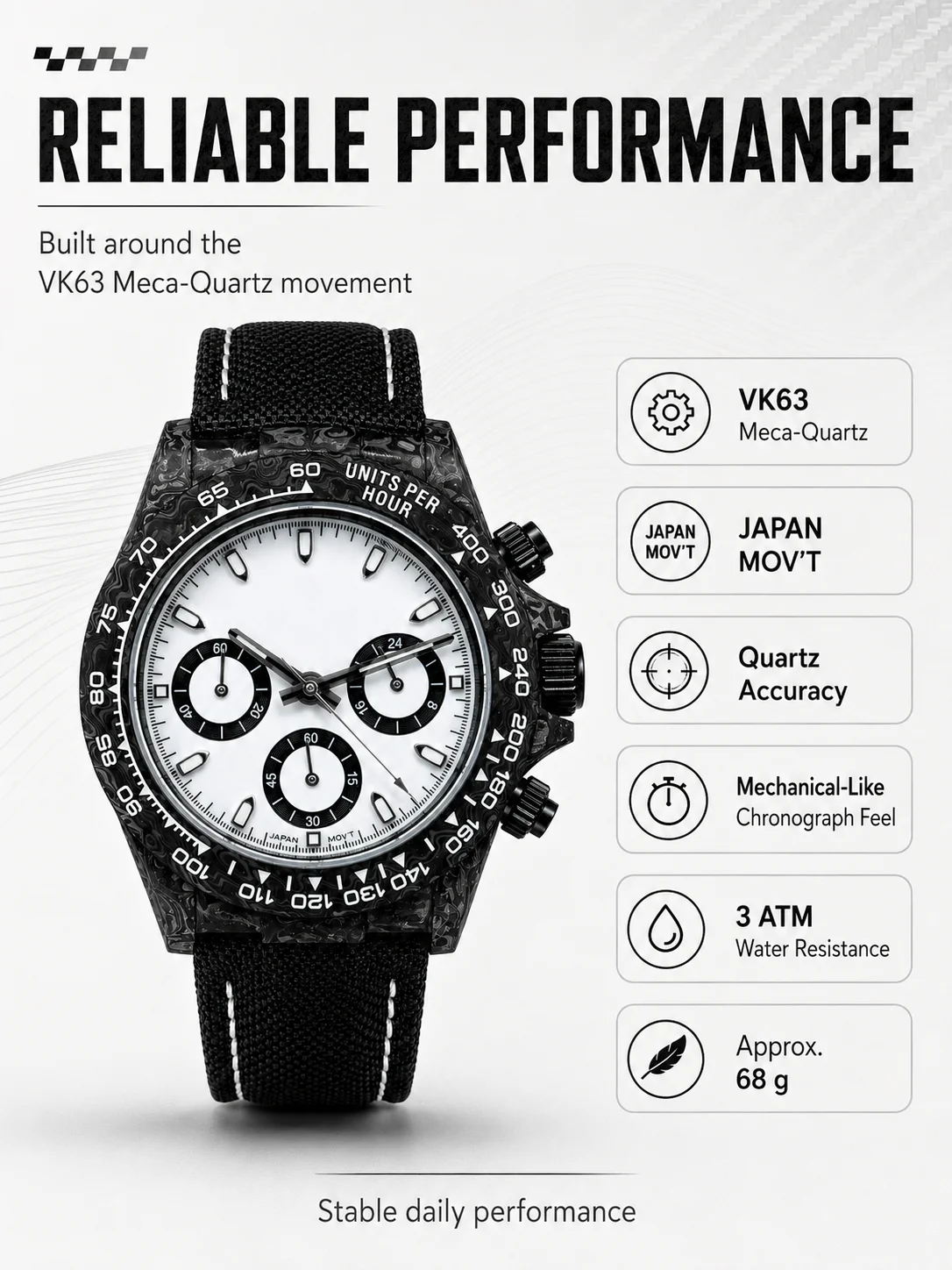 Benutzerdefiniertes Logo Carbonfaser-Chronographenuhr 39mm VK63 Meca Quarz Saphirglas Private Label Rennuhr – Detail 6