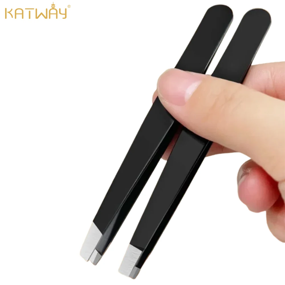 KATWAY Wholesale Black Stainless Steel Eyebrow Tweezers Slant Flat Point Beauty Tools Eyebrows & Ingrown Hair Removal HH-AA52