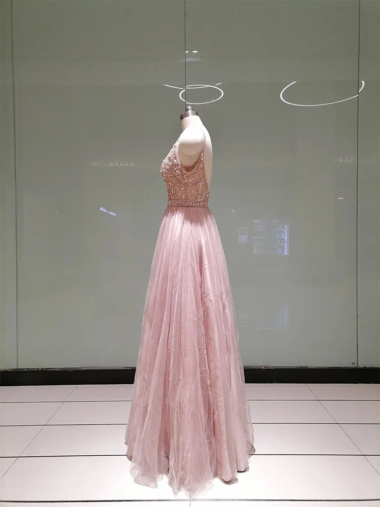 Robe de Bal Rose Trapèze Élégante en Tulle, Bretelles Spaghetti, Dos aux, Longueur au Sol, Broderie