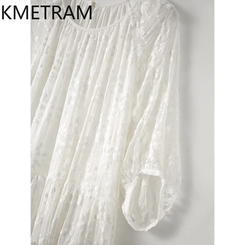 KMETRAM-Vestido Branco de Seda High End Mulberry para Mulheres, Vestidos Bordados Ocos de Verão, Roupas Femininas Linha A