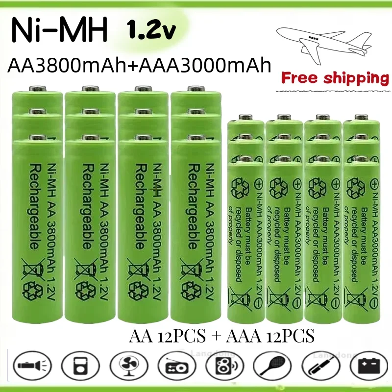 1.2V Rechargeable battery 100% genuine 1.2V AA 3800mAh +AAA 3000mAh Rechargeable battery NI-MH battery