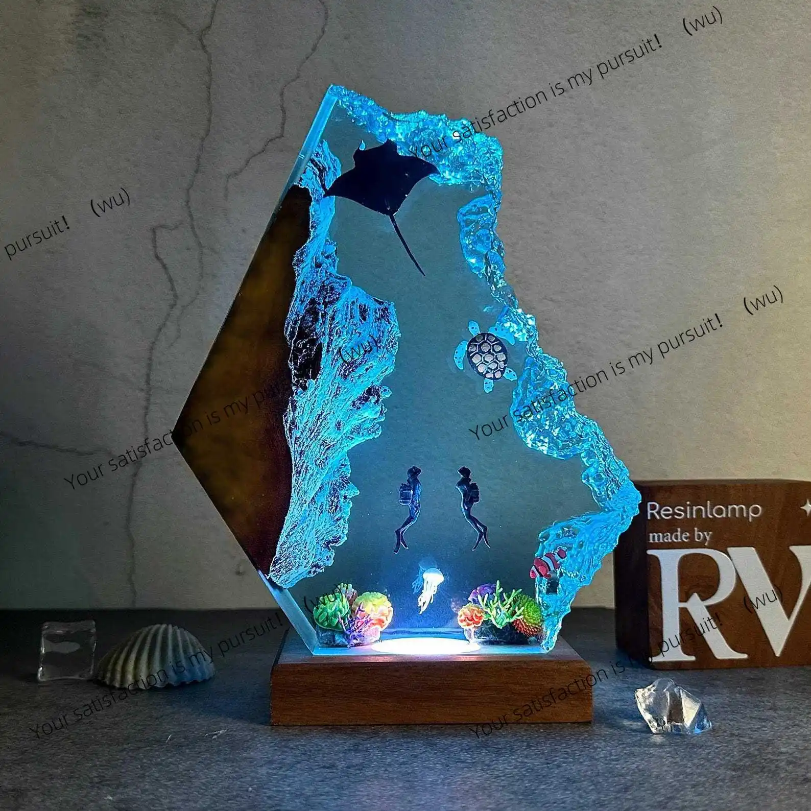 "Manta Ray & Diver Couple Resin Wood Lamp, Bedroom Night Light, Christmas Romance Gift"