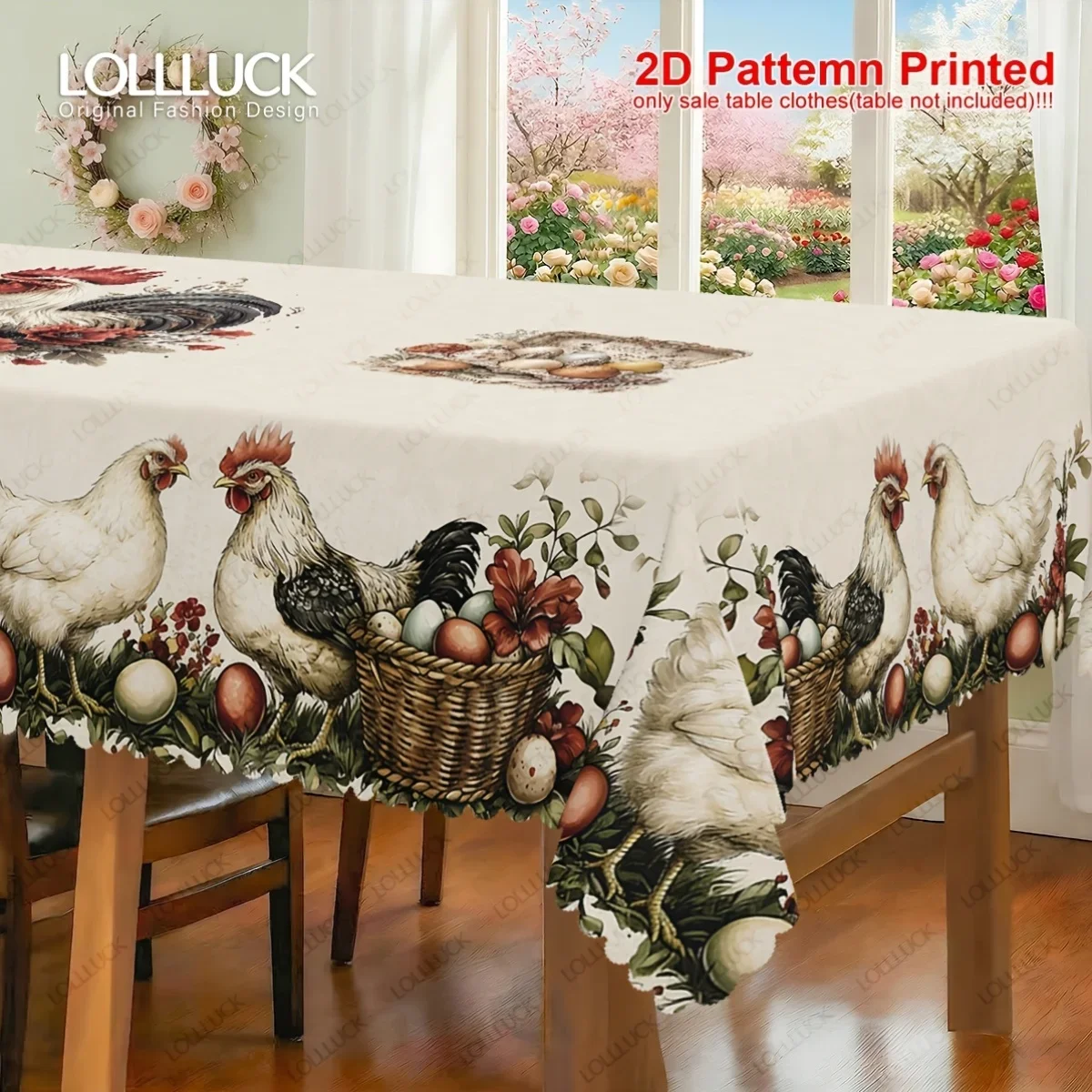 1 piece, a tablecloth with a rooster theme, featuring a design of eggs, chicks and flowers in spring and summer colors.xzj