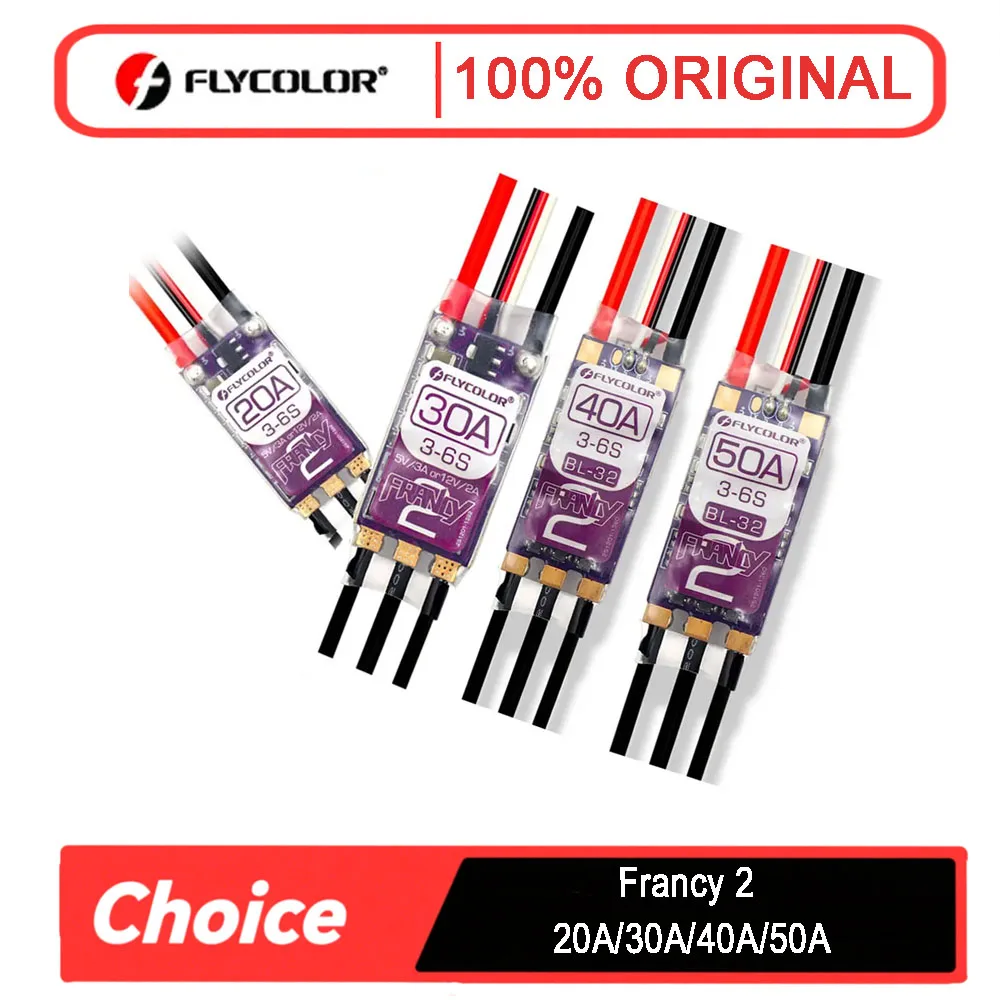 

FLYCOLOR Francy 2 20-50A BLHELI-32 ESC | 3-6S Dual UBEC 5V/3A+12V/2A | APP Programmable for RC Planes & Multirotors