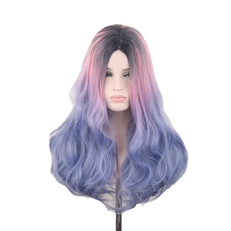 Dyed Three-Color Gradient European and American Style Wig Headgear Female Chemical Fiber Wig E-Commerce Long Curly Hair Medium B