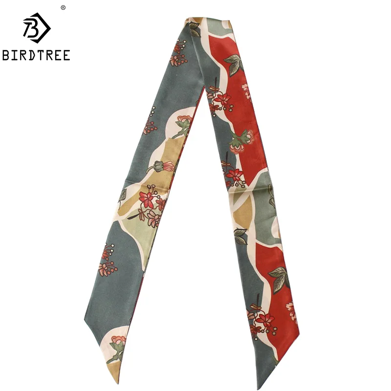 Birdtree 100%Real Silk Floral Print Scarf Women 2024 Spring Autumn Fashion Trimmings Scarf Mom's Gift All-match Ribbon A41149QM