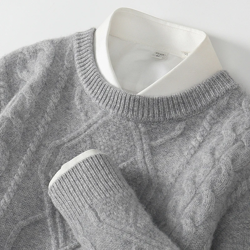 Winter New Thick Heavyweight Winter Pure Wool Knitted Sweater with Large Diamond Pattern for Men's Casual Fluffy Warm Long Sleev