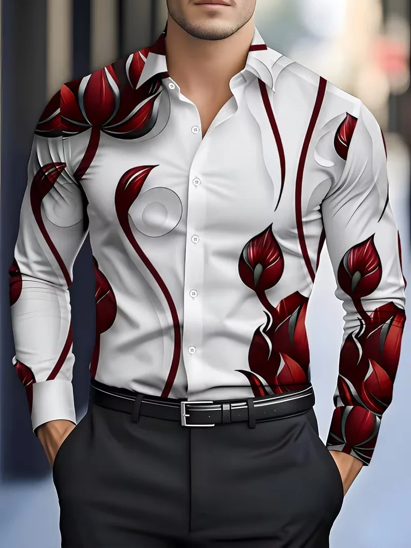 New Glossy Satin Men's Long Sleeve Shirt with Rice Bottom Color Baroque Feather Pattern Business Casual Top