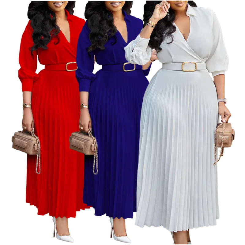 2024 Spring With Belt Trendy Dresses Women Lady Elegant Solid Color Long sleeve V-neck Pleated Dress Elegant Casual Dresses