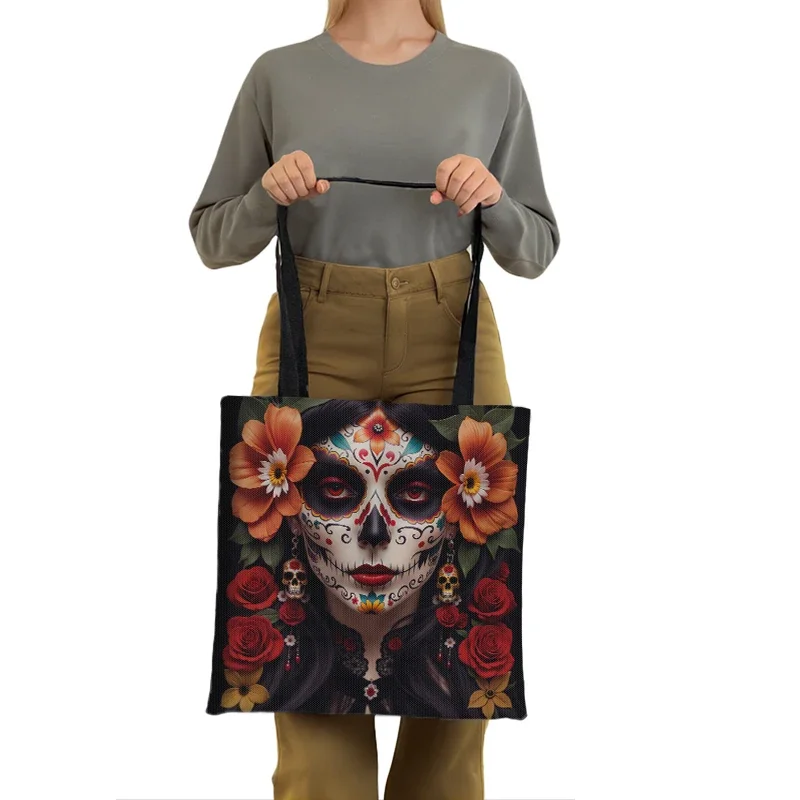 Shopping Bags Canvas Printing Mexico Death Skull Flower Women Handbag Gothic Tote Large Capacity Shoulder Bags for Travel Ladies