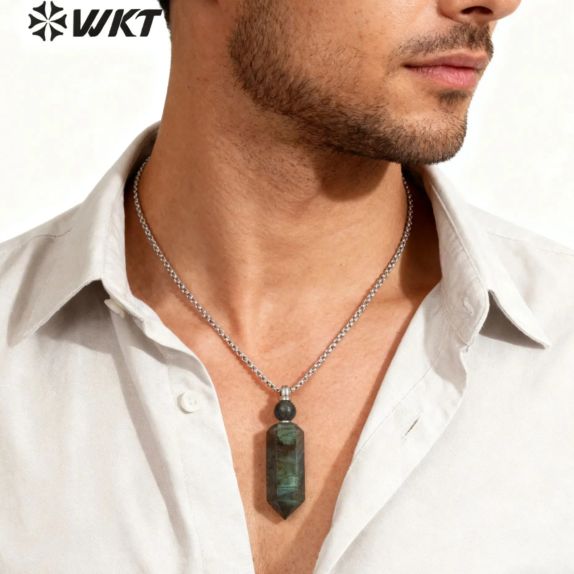 WT-N1257 Fashion Big Size Stone Perfume Bottle Necklace Luxury Vintage Labradorite Essential Oil Bottle Necklace procurement