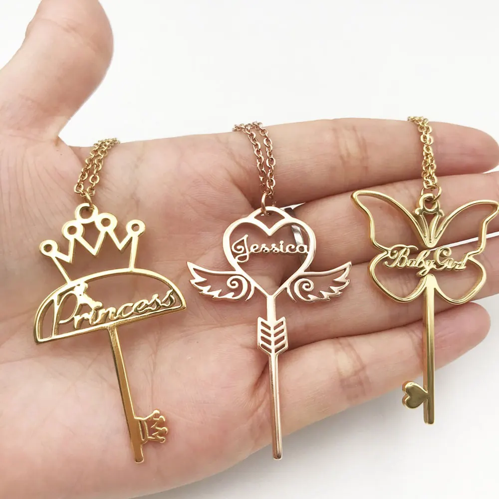 

Personalized Butterfly Stainless Steel Custom Name Necklace for Women Umbrella Shape Angel Wings Key Pendant Choker Gold Jewelry