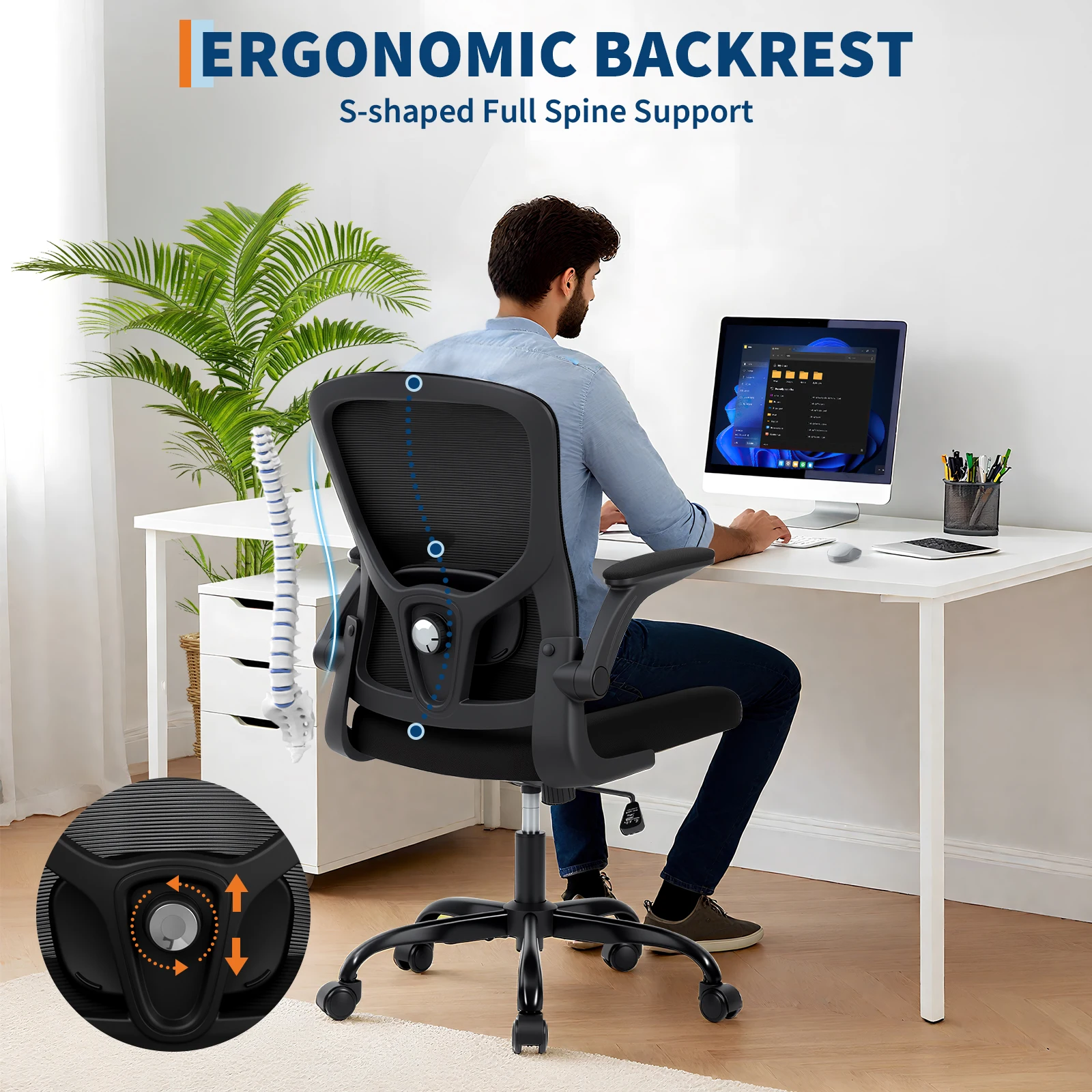Sedia da ufficio ergonomica e confortevole: reclinabile, con altezza regolabile e poggiatesta, sedia da scrivania in rete traspirante di alta qualità con supporto lombare.