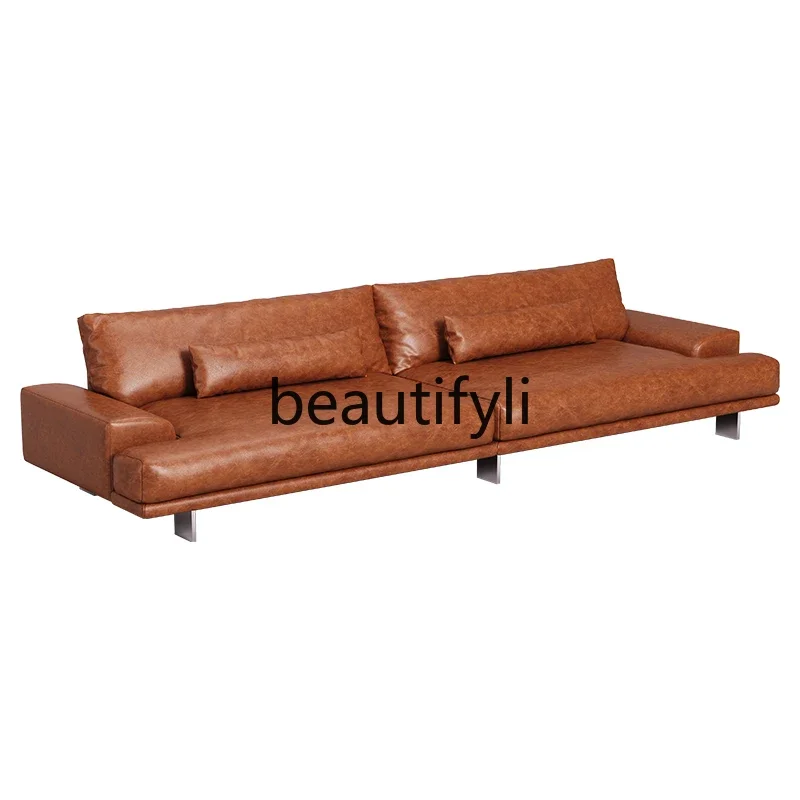 

French retro all-leather sofa modern light luxury oil wax leather three-person leather art sofa