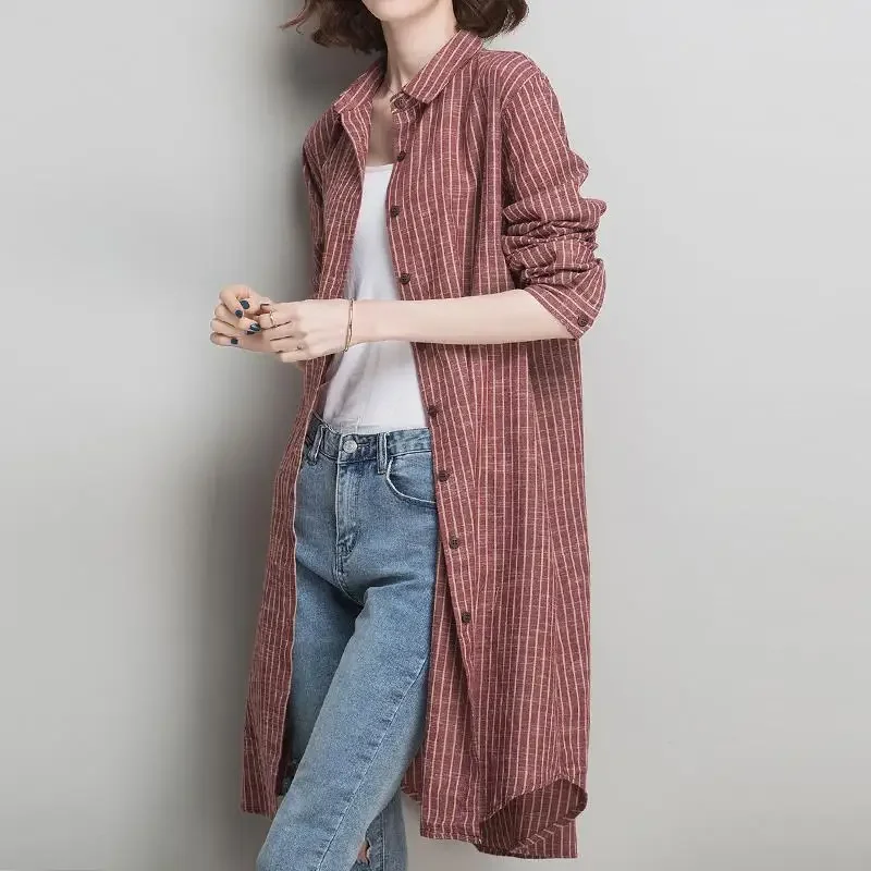 Spring New Striped Loose Cardigan Long Sleeve Polo Neck Plus Size All-match Mid Length Shirt Tops Vintage Casual Women Clothing