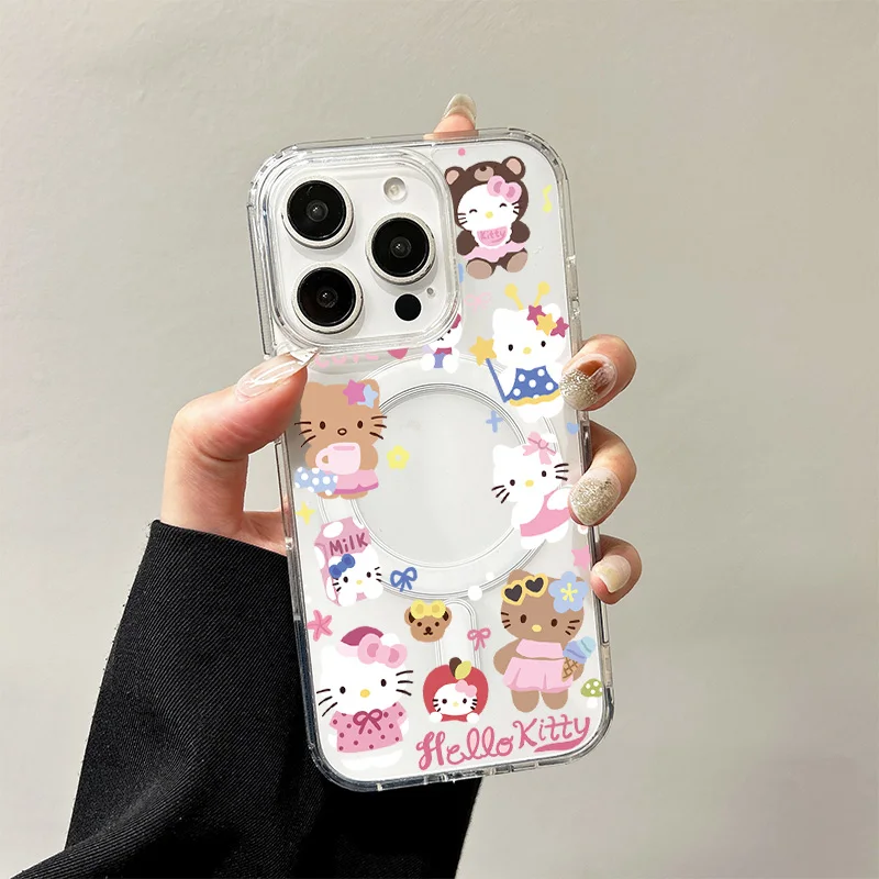 Hello Kitty kabellose Ladehülle für iPhone 17, Air 16, E15, 14, 13, 12, Mini 11 Pro Max, staubdichte, transparente Silikon-Kantenabdeckung