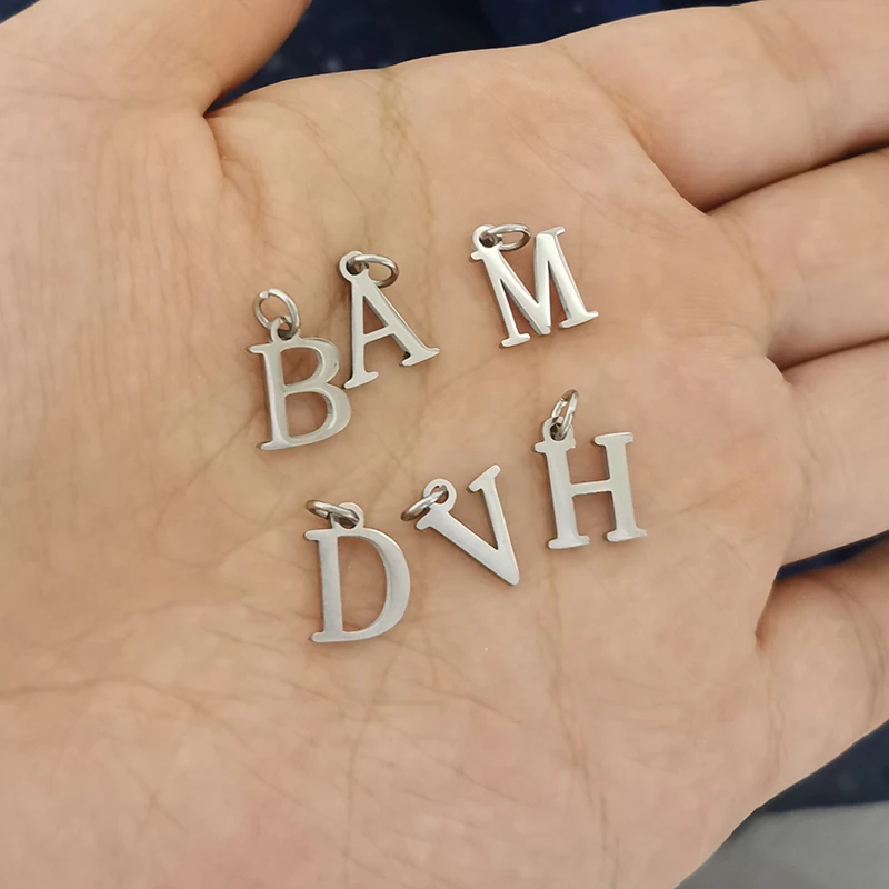 9*12mm Initial Alphabet Letters Charm Pendant Necklace Bracelet Choker Stainless steel Smooth DIY Silver Color Wholesale Custom